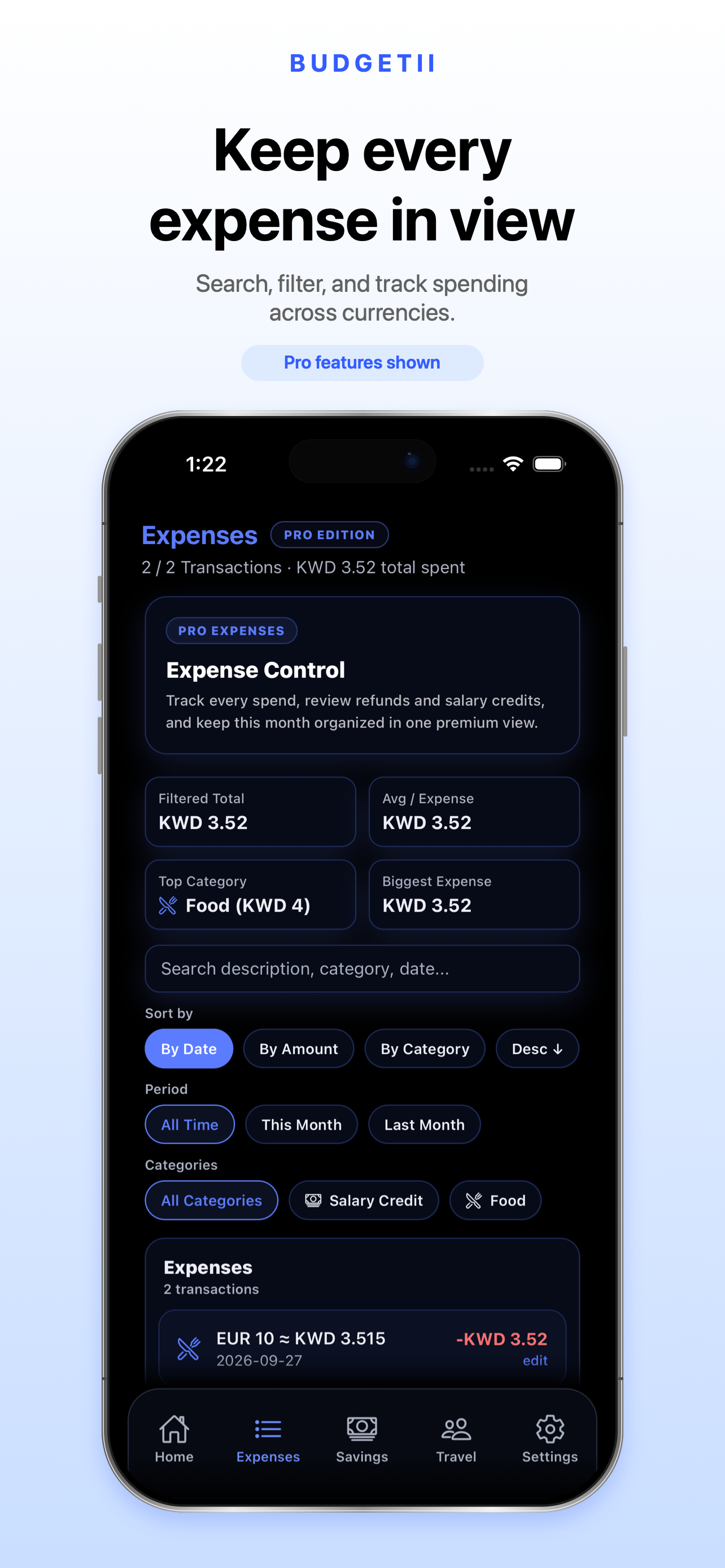 BUDGETII expenses screen