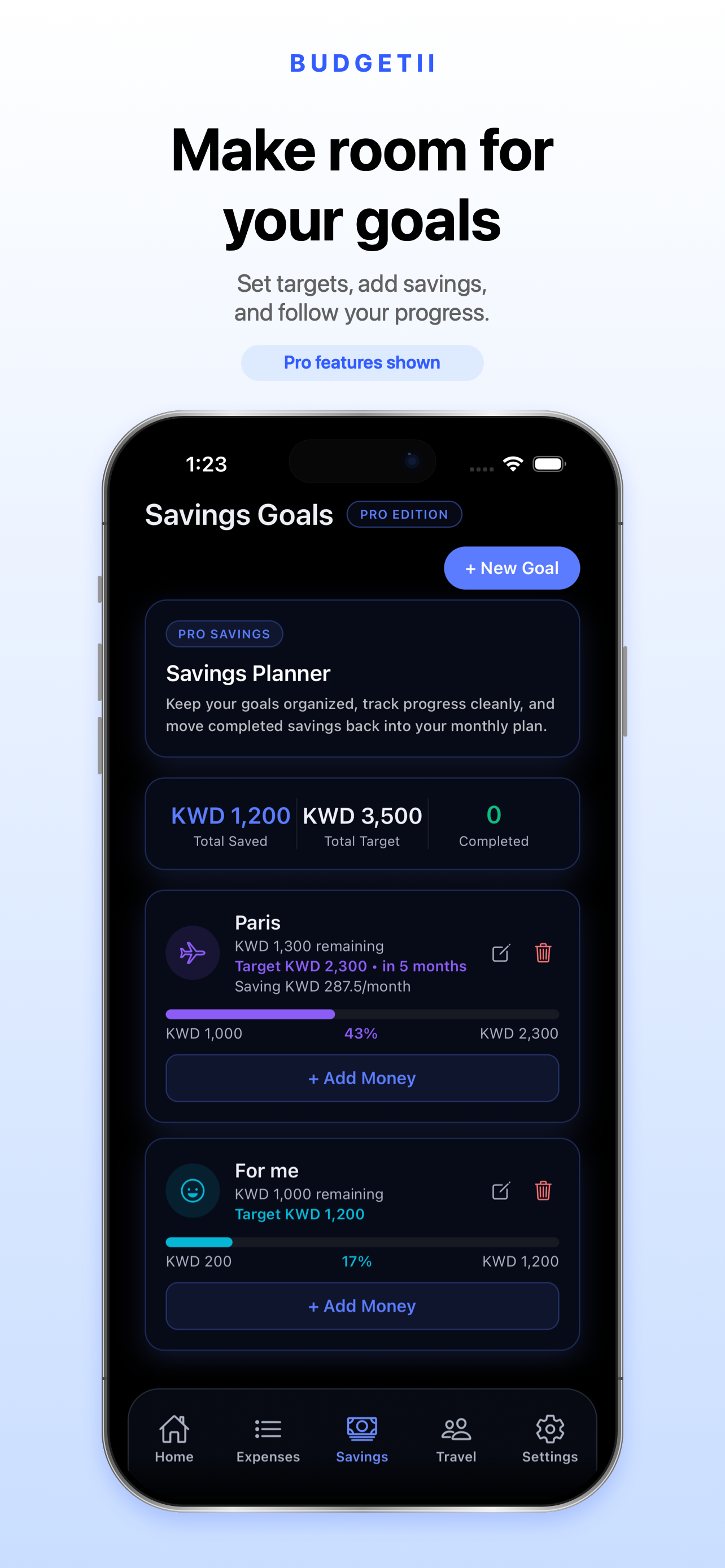 BUDGETII savings goals screen