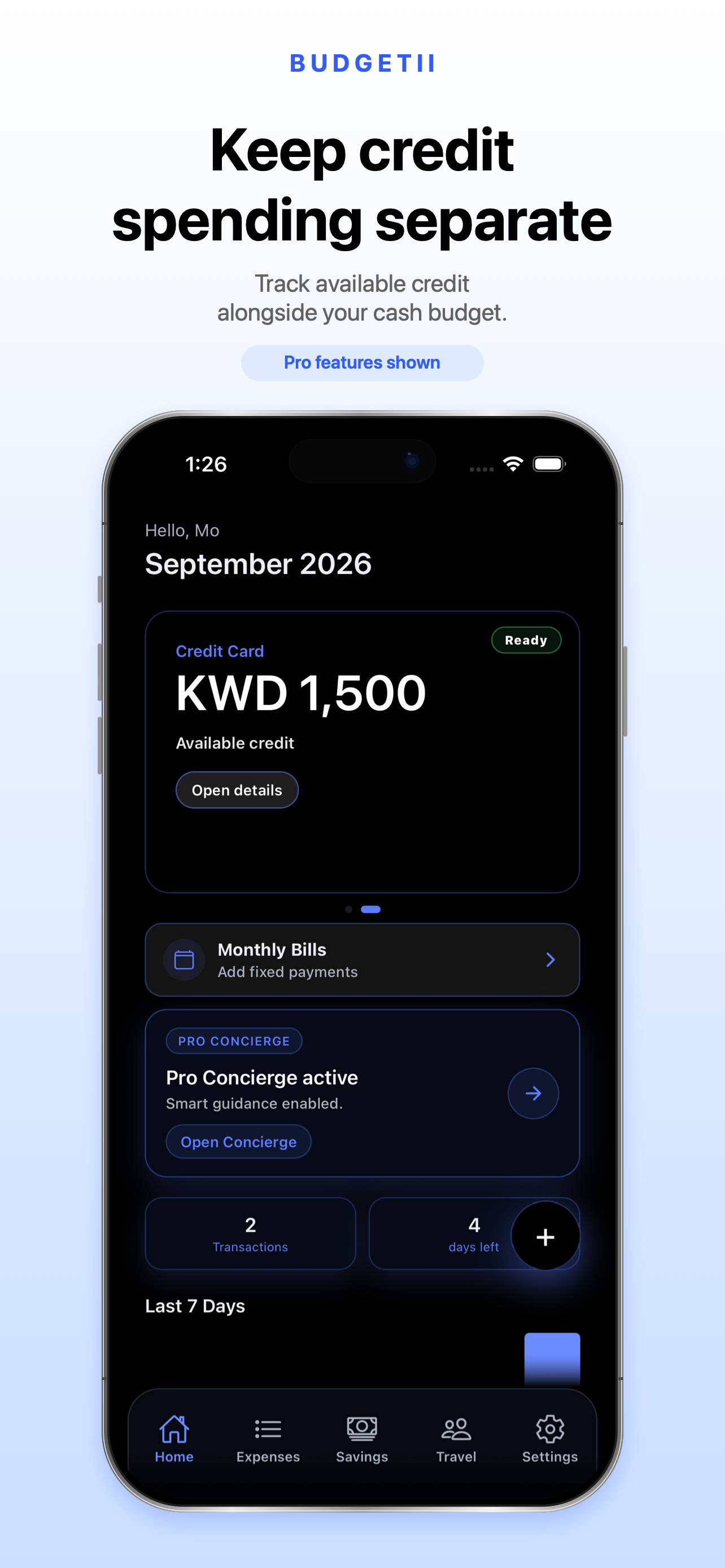 Budgetii credit card screen showing available credit