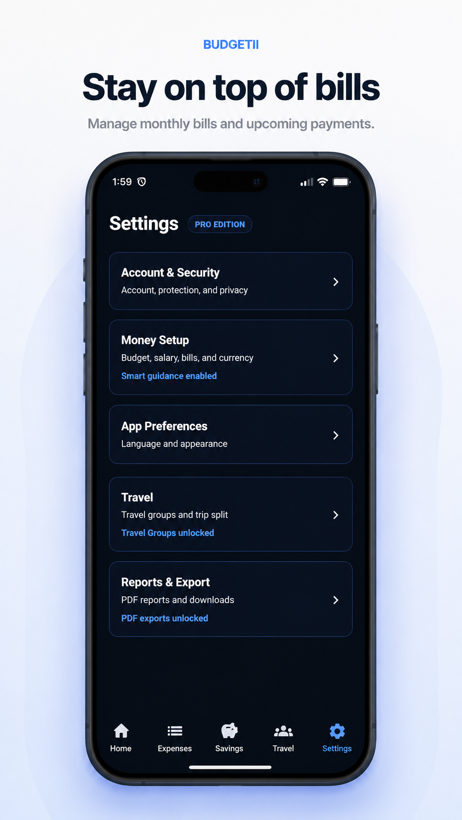 Budgetii settings and bills tutorial screen